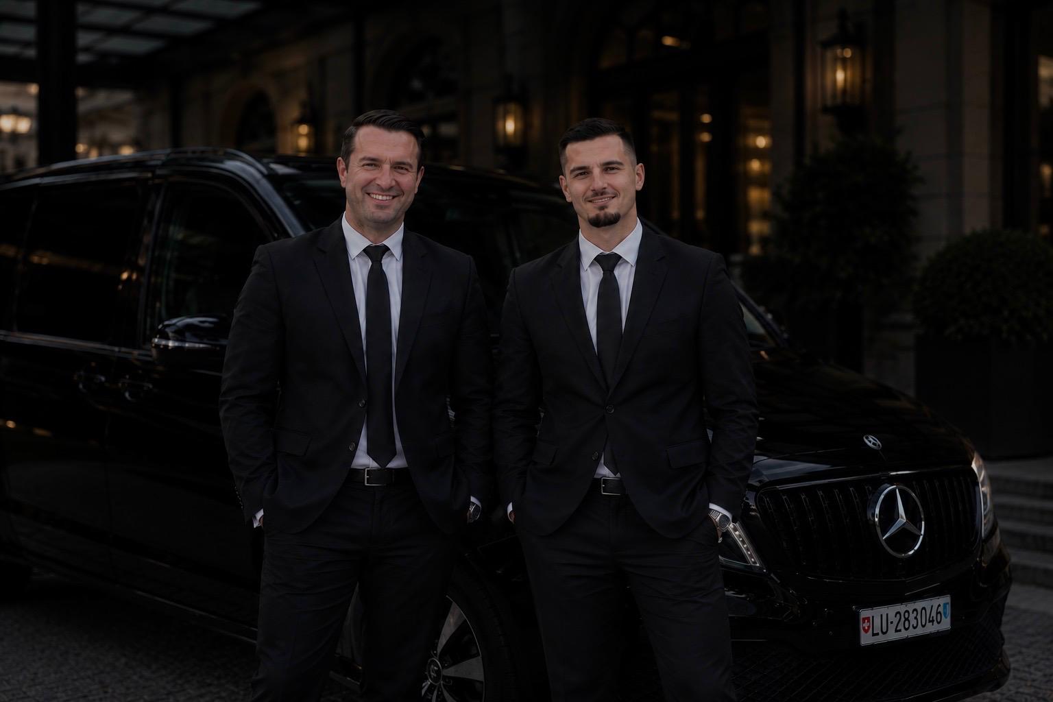 Zwei Chauffeure des familiär geführten SK Chauffeur Service vor einem Premium-Van
